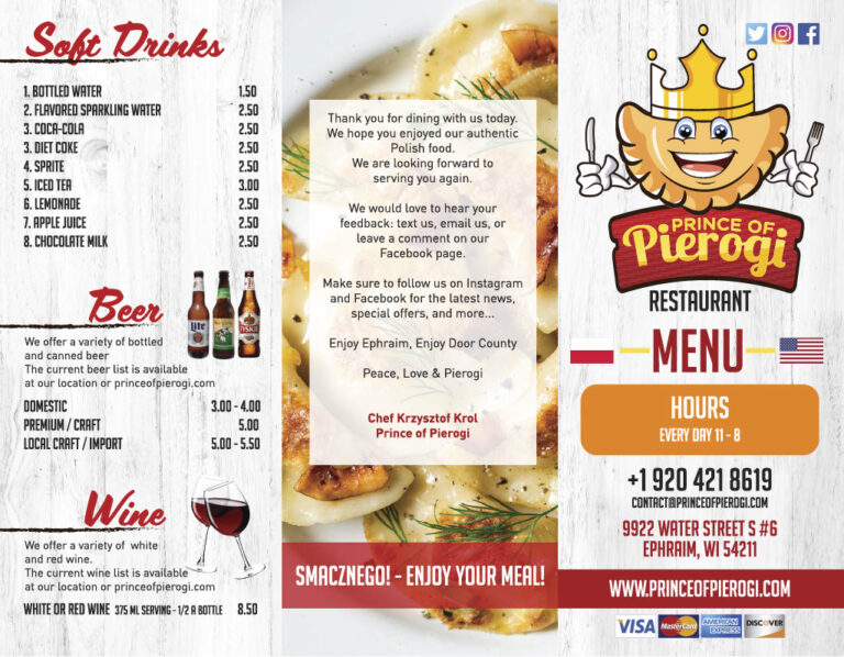 Menu Prince of Pierogi Restaurant